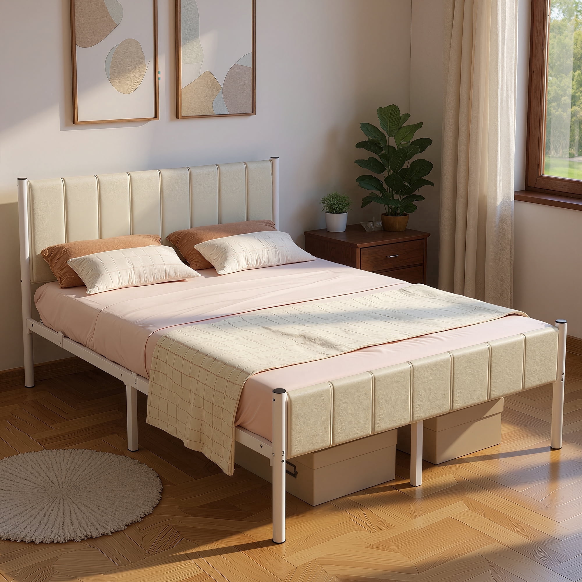 LEDREM Queen Size Metal Bed Frame with Upholstered Headboard and Footboard, 12.2-Inch Underbed Clearance, 1100 lb Capacity, Easy Assembly, Cappuccino Beige