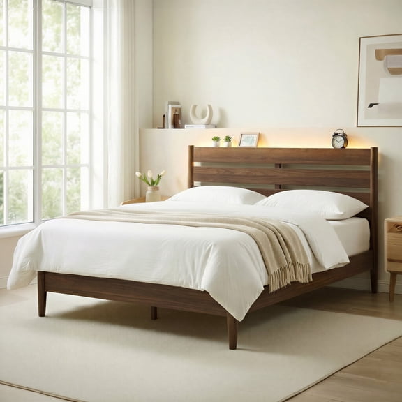 LEDREM Queen Size Mid-Century Modern Platform Bed Frame with Headboard, Built-In LED Lights, 4-Port Charging Station, and Storage Shelf, Coffee Brown