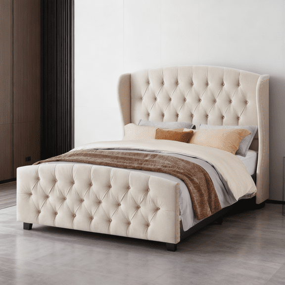 LEDREM Queen Size Upholstered Platform Bed Frame, 50-Inch Tall Wingback Tufted Headboard & 25-Inch Footboard, 1000 lb Capacity, Cappuccino Beige