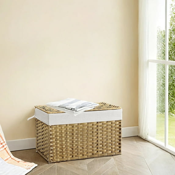 LEDREM Storage Basket with Lid, Large 105L Foldable PP Rattan Bin with Metal Frame, Removable Liner, Handles, Multi-Room Use, Natural