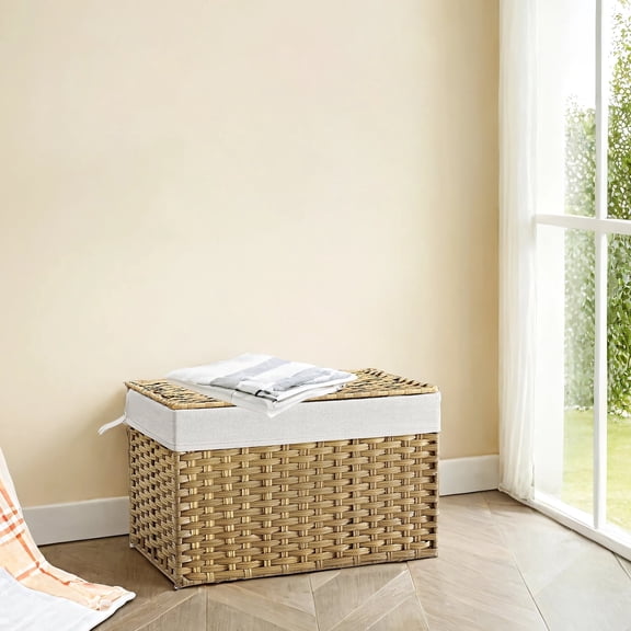 LEDREM Storage Basket with Lid, Large 105L Foldable PP Rattan Bin with Metal Frame, Removable Liner, Handles, Multi-Room Use, Natural