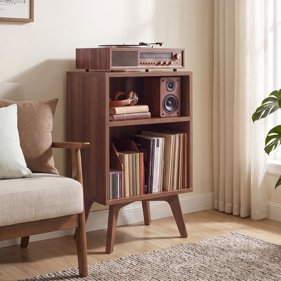 LEDREM Record Player Stand, Mid-Century Vinyl Storage Side Table Holds 160 Albums, 18.9 x 15.7 x 31.5 inches, Chestnut Brown