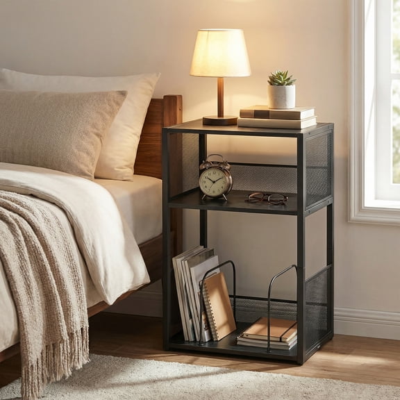 LEDREM Record Player Stand with 3-Tier Vinyl Storage, Traditional Basic End Table, 16.9 x 11.8 x 27.1 inches, Black