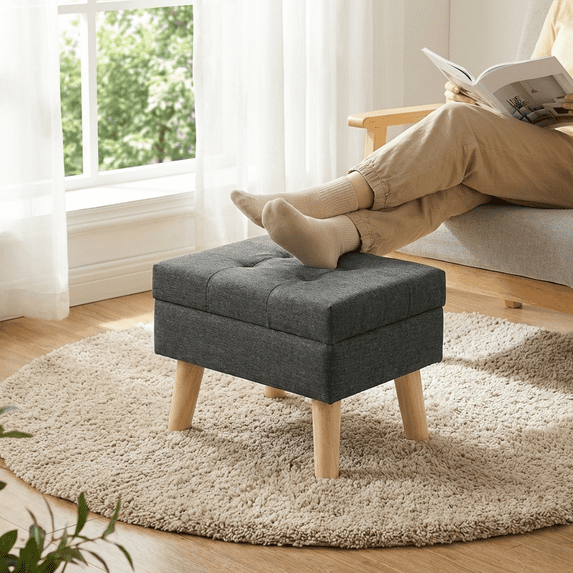 LEDREM Rectangular Storage Ottoman with Linen-Look Fabric, 11.8 x 15.7 Inch Foot Stool and Small Table for Living Room, Slate Gray