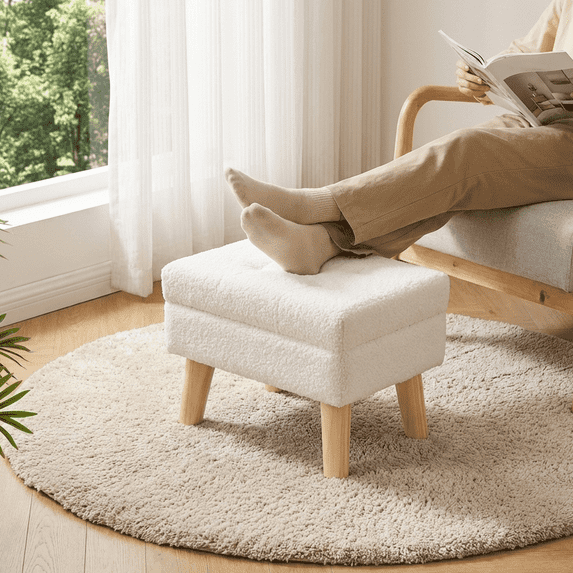 LEDREM Rectangular Storage Ottoman with Teddy Fleece, 11.8 x 15.7 Inch Foot Stool and Small Table for Living Room and Hallway, Cream White