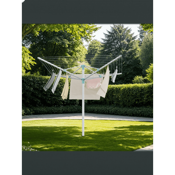 LEDREM Retractable Umbrella Drying Rack, Height Adjustable Outdoor Clothesline with 164 ft Capacity and Ground Spike, Silver and Green