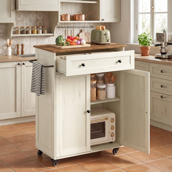 LEDREM Rolling Kitchen Island, Mobile Cart with Storage Cabinet, Drawer & Adjustable Shelf, Farmhouse Style, 15.8 x 30.9 x 35.1 Inches, Rustic White and Honey Brown