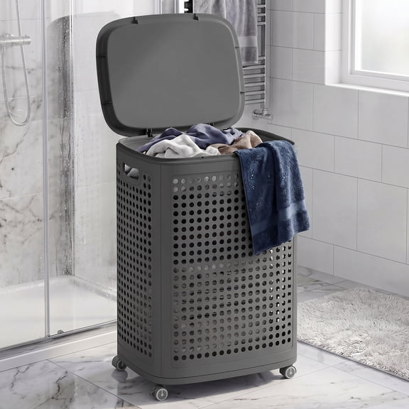 LEDREM Rolling Laundry Hamper with Lid, 19.8 Gal Slim Plastic Basket on Wheels, for Bathroom Bedroom Dorm, Dark Gray