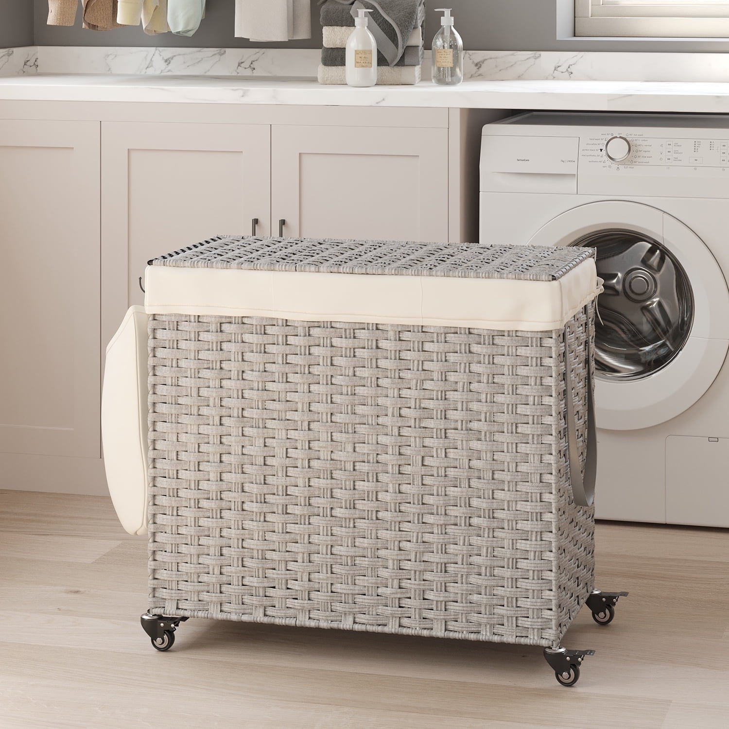 LEDREM Rolling Laundry Hamper with Lid, 3-Section Divider, Large 42.3-Gallon Capacity, Removable Liner, Wheels & Handle, Bedroom Organizer, Gray