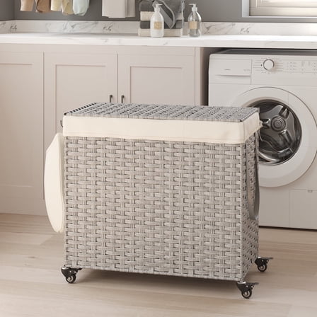 LEDREM Rolling Laundry Hamper with Lid, 3-Section Divider, Large 42.3-Gallon Capacity, Removable Liner, Wheels & Handle, Bedroom Organizer, Gray