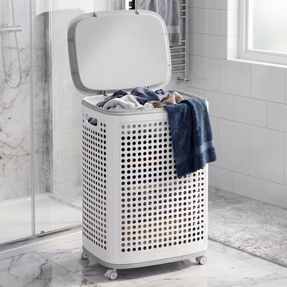 LEDREM Rolling Laundry Hamper with Wheels, 19.8 Gal Slim Plastic Basket with Lid, for Bathroom Bedroom Dorm, White and Gray