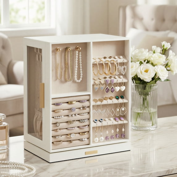 LEDREM 360° Rotatable Jewelry Box, 5-Layer Organizers & 18 Hooks For Necklaces, Velvet Lining, Transparent And Visible, White