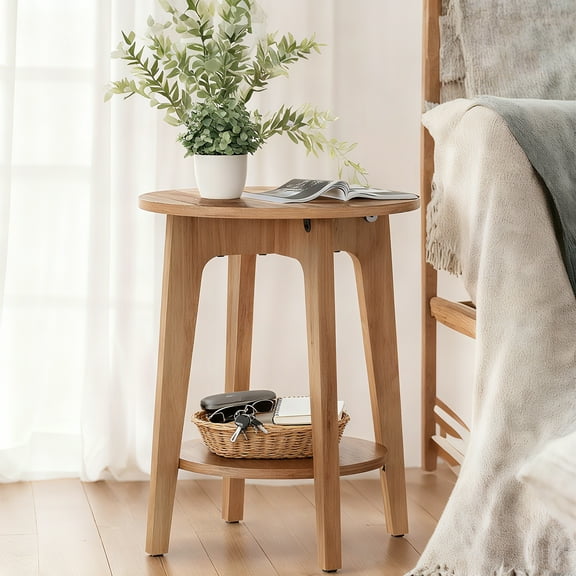 LEDREM Round 2-Tier Side Table with Lower Shelf, End Table for Small Spaces, Holds 198lb, Quick Assembly, Living Room, Bedroom, Rustic Walnut