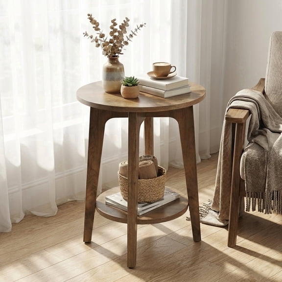 LEDREM Compact Two-Tier Round Accent Table, Tapered-Leg Side Table with Curved Accents, Holds 198lb, Quick Assembly, Space-Saving Small Sofa Table