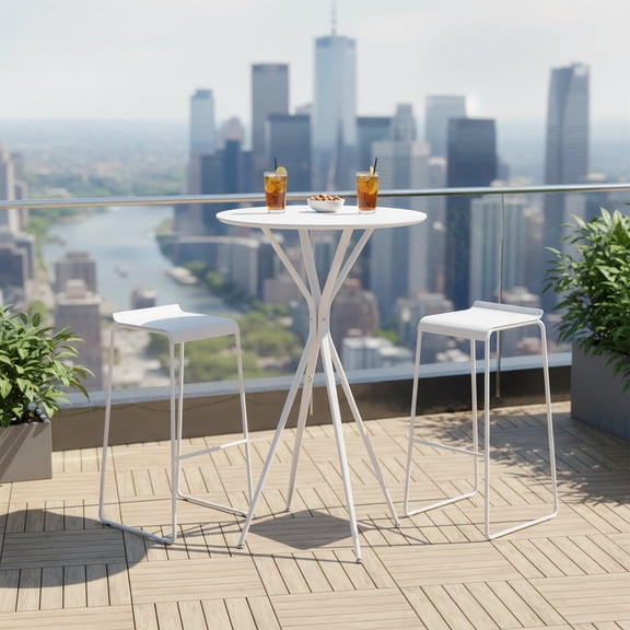 LEDREM Round Bar Table, 23.6 x 23.6 x 41.3 Inches Cocktail High Top Pub Table with Metal X-Frame, Water-Resistant Surface, Easy Assembly, Cloud White and Matte White