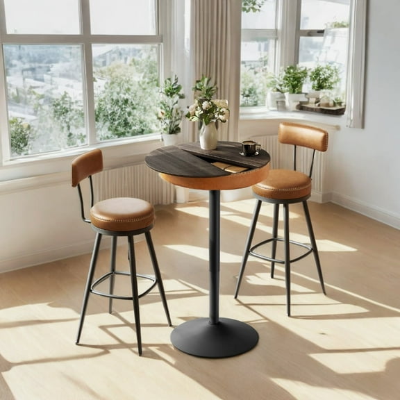 LEDREM Round Bar Table - Height Adjustable (32.7"-41.3"), Mid-Century Modern Design, Hidden Storage, Synthetic Leather Top, Ash Brown and Caramel Brown