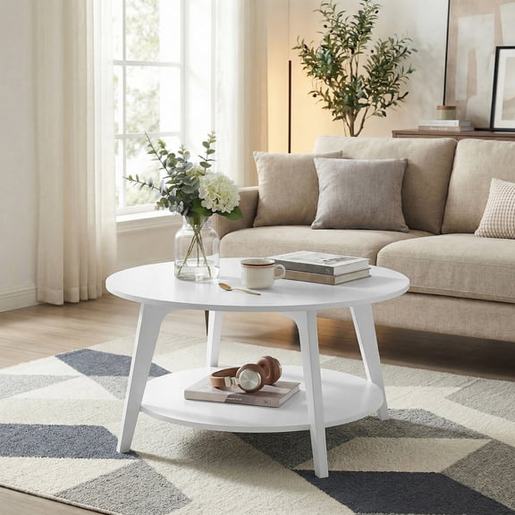 LEDREM Mid-Century Round Coffee Table, 2 Tiers Design, 66lb Capacity, Modern Minimalist Style, Quick Assembly, Ideal for Small Space & Apartment, White