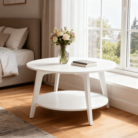 LEDREM Round Coffee Table, 2-Tier Mid-Century Modern Center Table with Tapered Legs, for Living Room, 31.5 x 17.7 Inches, White