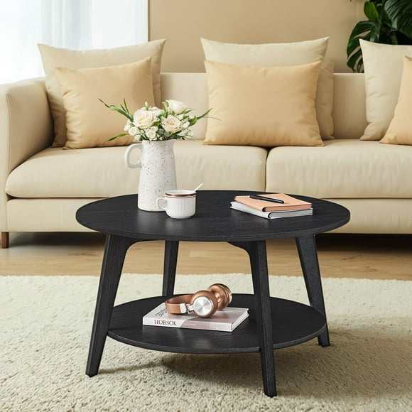 LEDREM Round Coffee Table with Storage - 2-Tier Design, 66lb Capacity, Easy Assembly, Modern Minimalist Style, Charcoal Gray