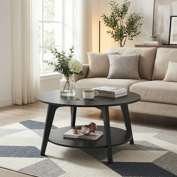 LEDREM Mid-Century Round Coffee Table, 2 Tiers Design, 66lb Capacity, Modern Minimalist Style, Quick Assembly, Ideal for Small Space & Apartment, Black