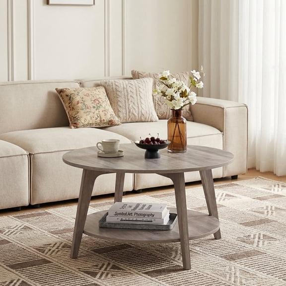 LEDREM Mid-Century Round Coffee Table, 2 Tiers Design, 66lb Capacity, Modern Minimalist Style, Quick Assembly, Ideal for Small Space & Apartment, Greige