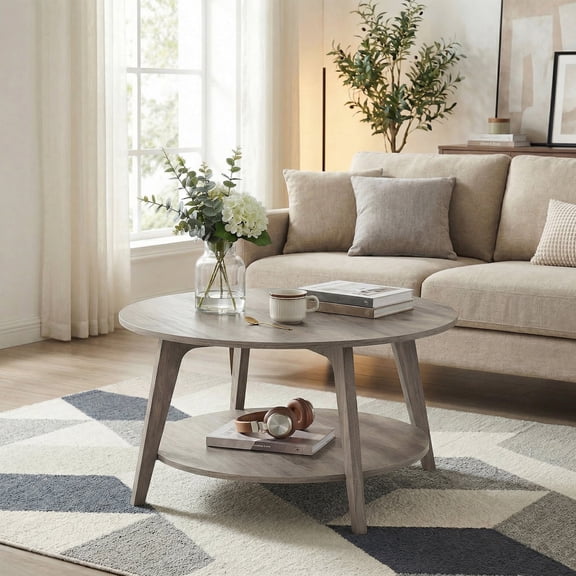 LEDREM Mid-Century Round Coffee Table, 2 Tiers Design, 66lb Capacity, Modern Minimalist Style, Quick Assembly, Ideal for Small Space & Apartment, Greige