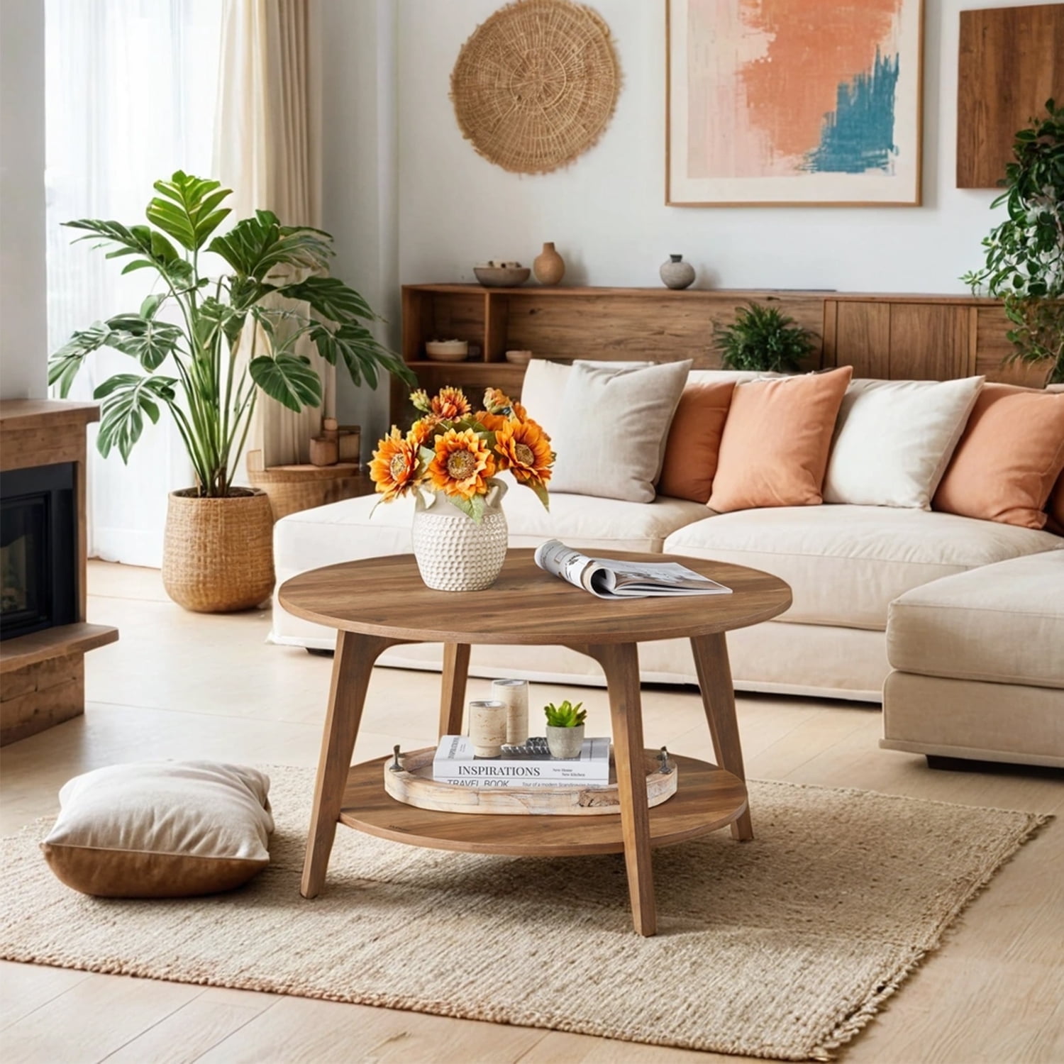 LEDREM Round Coffee Table with Storage - 2-Tier Design, 66lb Capacity, Quick Assembly, Modern Minimalist Style, Honey Brown