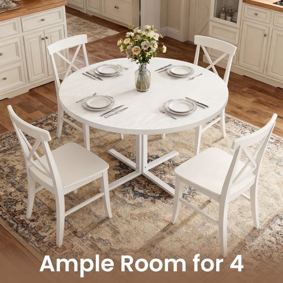 LEDREM Round Dining Table for 2–4 People, Small Kitchen Table with Steel Frame, Water-Resistant Tabletop, Easy Assembly, Farmhouse Dining Table, White