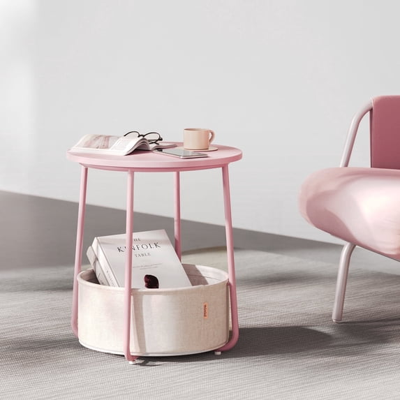 LEDREM Modern Round Accent Table with Fabric Storage Bin, Compact Nightstand for Bedroom & Living Area, Space-Saving Furniture with Patented Design, Pink and White