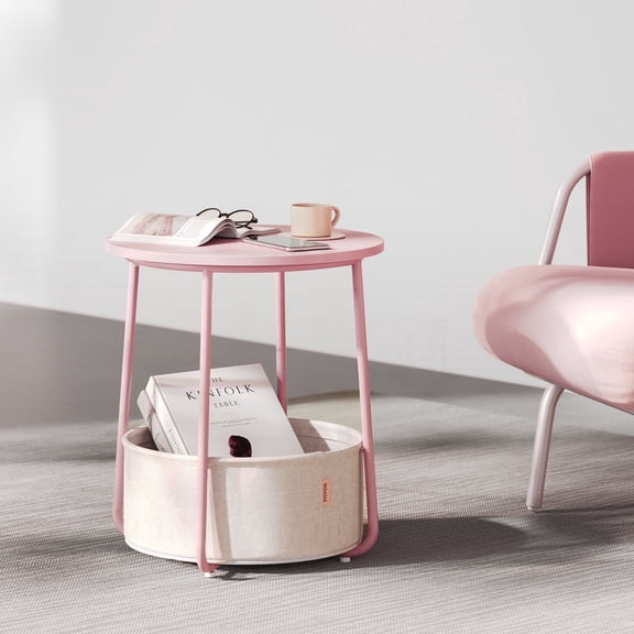 LEDREM Modern Round Accent Table with Fabric Storage Bin, Compact Nightstand for Bedroom & Living Area, Space-Saving Furniture with Patented Design, Pink and White