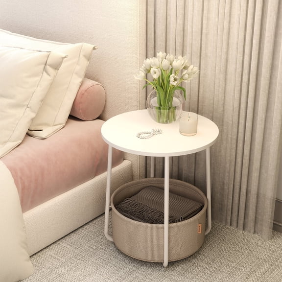 LEDREM Modern Round Accent Table with Fabric Storage Bin, Compact Nightstand for Bedroom & Living Area, Space-Saving Furniture with Patented Design, White & Brown