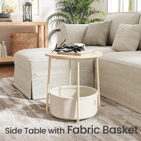 LEDREM Modern Round Accent Table with Fabric Storage Bin, Compact Nightstand for Bedroom & Living Area, Space-Saving Furniture with Patented Design, White