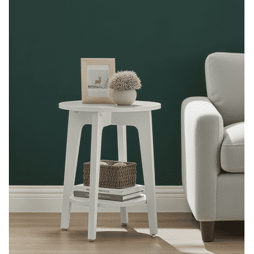 LEDREM Round End Table, 2-Tier Side Table for Living Room, Bedroom, Nightstand, White