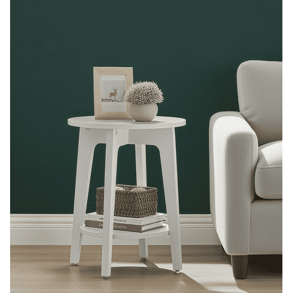 LEDREM Round Modern End Table, 2-Tier Side Table for Living Room, Bedroom, Nightstand, White
