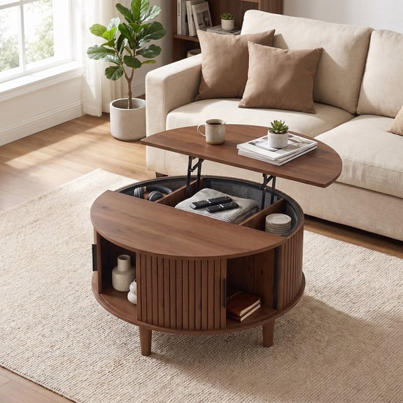LEDREM Round Lift Top Coffee Table with Hidden Storage, Mid-Century Modern Fluted Wood, 31.5 x 31.5 x 17.7 Inches, Tan