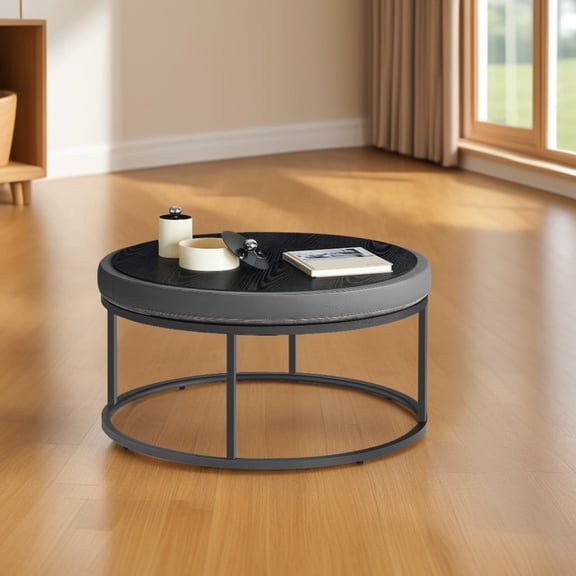 LEDREM Round Ottoman Coffee Table with Reversible Top, Padded Seat, Footstool & Side Table, Steel Frame, Max 660 lb, Dove Gray