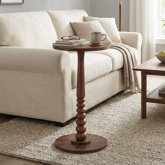 LEDREM Round Side Table for Small Spaces, Solid Wood Leg Mid-Century Modern End Table for Living Room and Bedroom, Chestnut Walnut