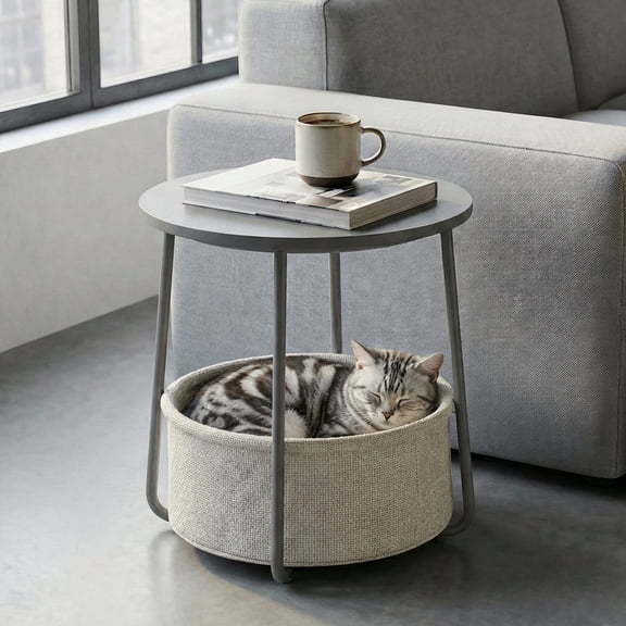 LEDREM Modern Round Accent Table with Fabric Storage Bin, Compact Nightstand for Bedroom & Living Area, Space-Saving Furniture with Patented Design, Gray & White