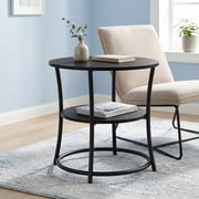 LEDREM Modern 2 Tier Round Accent Table, Reinforced Metal Frame Nightstand, Compact Circular Side Table with Storage, Space Saving, 66lb Capacity, Easy Assembly, Gray and Black