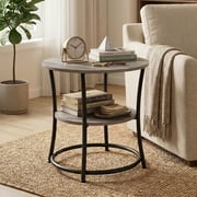 LEDREM Modern 2 Tier Round Accent Table, Reinforced Metal Frame Nightstand, Compact Circular Side Table with Storage, Space Saving, 66lb Capacity, Easy Assembly, Greige