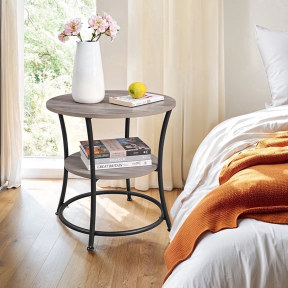 LEDREM Modern 2 Tier Round Accent Table, Reinforced Metal Frame Nightstand, Compact Circular Side Table with Storage, Space Saving, 66lb Capacity, Easy Assembly, Greige