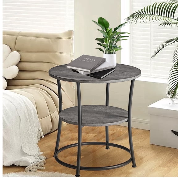 LEDREM Modern 2 Tier Round Accent Table, Reinforced Metal Frame Nightstand, Compact Circular Side Table with Storage, Space Saving, 66lb Capacity, Easy Assembly, Gray