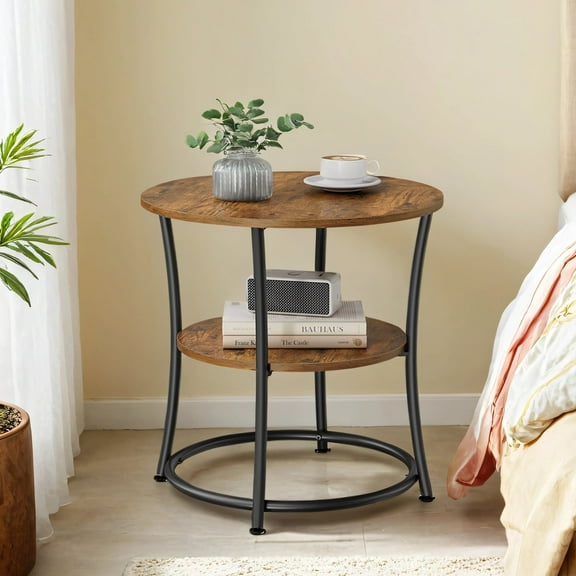 LEDREM Round Side Table with Storage - 2-Tier Design, Steel Frame, 66lb Capacity, Space-Saving, Rustic Brown and Black