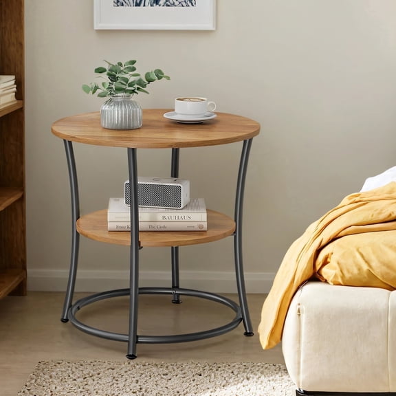 LEDREM Modern 2 Tier Round Accent Table, Reinforced Metal Frame Nightstand, Compact Circular Side Table with Storage, Space Saving, 66lb Capacity, Easy Assembly, Walnut Black