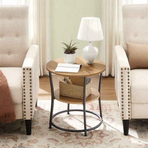 LEDREM Modern 2 Tier Round Accent Table, Reinforced Metal Frame Nightstand, Compact Circular Side Table with Storage, Space Saving, 66lb Capacity, Easy Assembly, Walnut Black