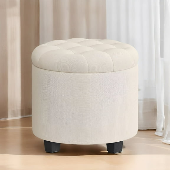 LEDREM Round Storage Ottoman - 17.7" Foot Rest with Hidden Storage, 330lb Capacity, Linen-Look Upholstery, Non-Slip Feet - for Living Room, Bedroom, Light Beige