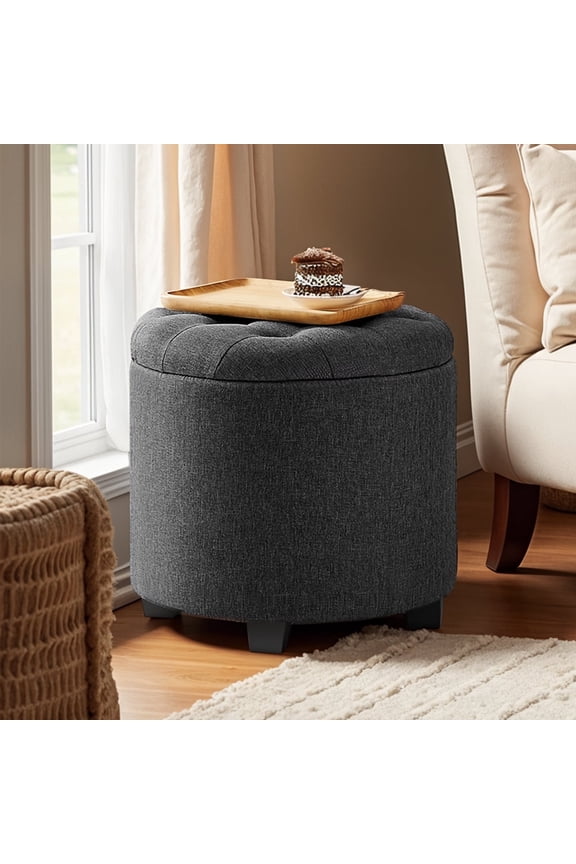 Round Storage Ottoman - 17.7" Foot Rest with Hidden Storage, 330lb Capacity, Linen-Look Upholstery, Non-Slip Feet - for Living Room, Bedroom, Dark Gray