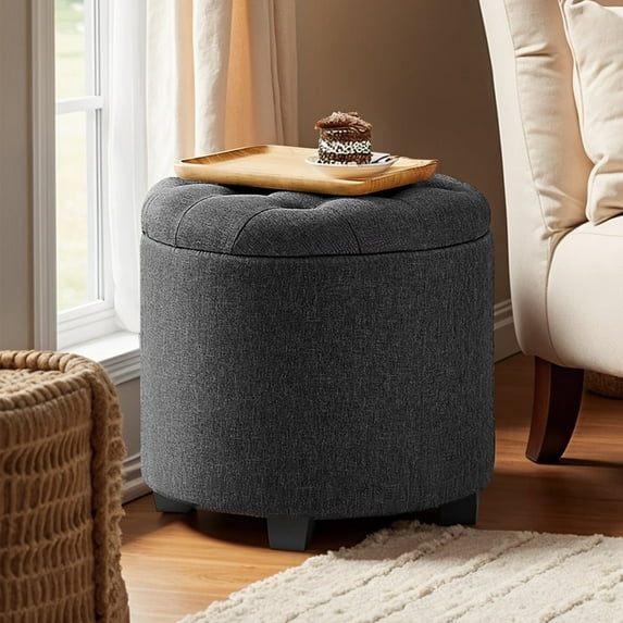 LEDREM Round Storage Ottoman - 17.7" Foot Rest with Hidden Storage, 330lb Capacity, Linen-Look Upholstery, Non-Slip Feet - for Living Room, Bedroom, Dark Gray