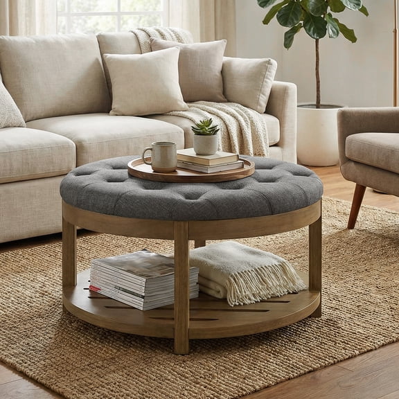 LEDREM Round Ottoman Coffee Table with Solid Wood Frame, Tufted Upholstered Footrest with Bottom Shelf, for Living Room, Slate Gray