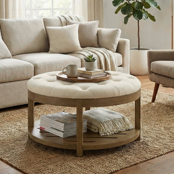 LEDREM Round Ottoman Coffee Table with Solid Wood Frame, Tufted Upholstered Footrest with Bottom Shelf, for Living Room, Summer Sand